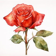 A vibrant red rose with lush green leaves, beautifully illustrated, showcasing intricate details and rich colors.