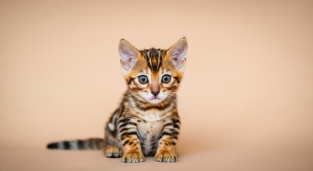 Fototapeta premium Adorable bengal kitten with striking patterns on neutral background