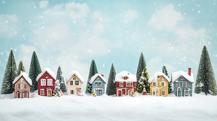 Christmas village setup with miniature houses and snowy trees