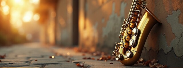 Saxophone leaning on wall with autumn leaves, musical nostalgia