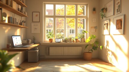 Fototapeta premium A cozy workspace with plants and natural light, ideal for productivity and relaxation.