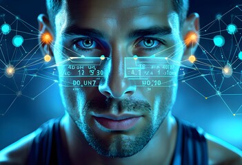 Close up of a focused athlete face with data overlay and neural network nodes around the eyes, representing AI-enhanced vision and performance - Powered by Adobe