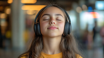 Hispanic girl with closed eyes listening to music through modern headphones