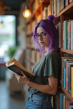 Purple-haired reader in library, intellectual curiosity