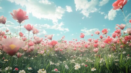 Obraz premium Pink flowers bloom under a bright summer sky