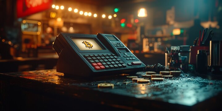 Bitcoin Cryptocurrency Payment Terminal Night Scene Digital Currency Transaction