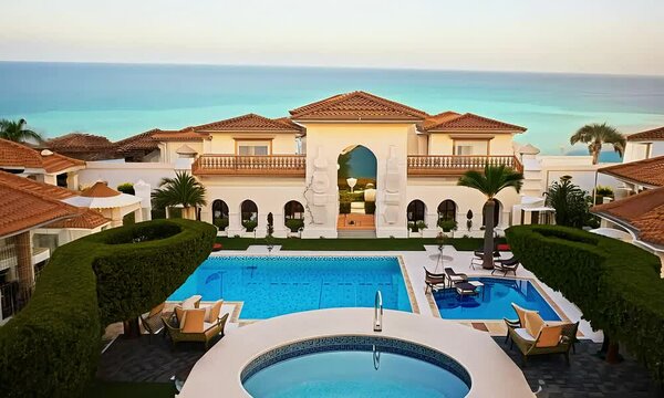 Stunning Oceanfront Luxury Villa with Private Pools - Aerial View of Exquisite Mediterranean-Style Mansion and Tropical Paradise, Perfect for Real Estate, Travel, and Lifestyle Content, showcasing opu