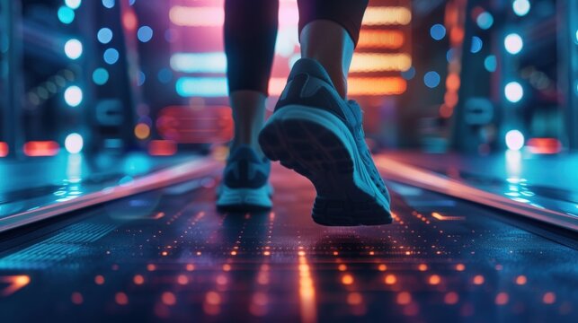 Athlete runs on a high tech treadmill equipped with glowing lights and digital displays, showcasing the future of fitness technology in a vibrant, neon lit gym environment