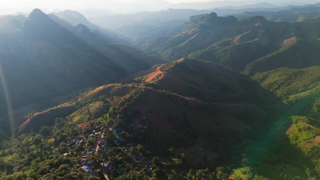 aerial view at sunset of Ban Jabo a Black Lahu village in Mae Hong Son Thailand near Pai 