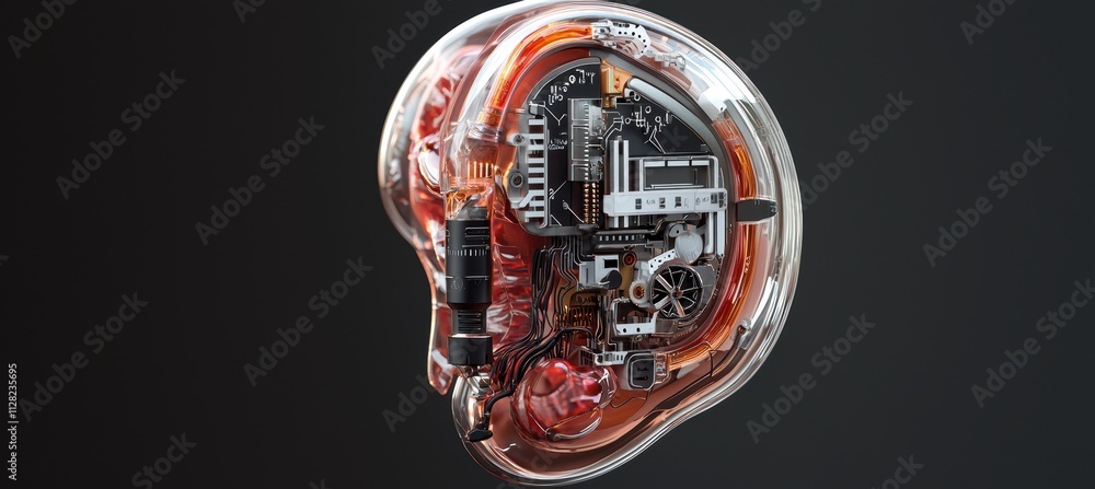 Poster detailed digital rendering of a cochlear implant showing components and functionality
