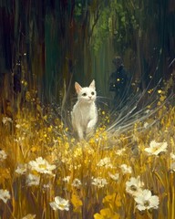 White cat sitting in a meadow surrounded by flowers and golden light