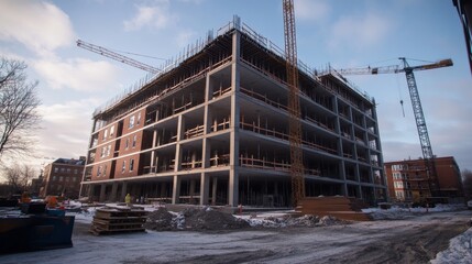 Obraz premium Building under construction with cranes and scaffolding in a cityscape view