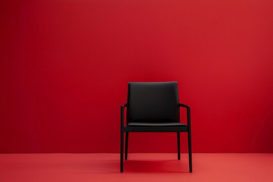 A minimalist black chair sits in the center of an empty room with red walls, creating a striking contrast that highlights its simplicity and elegance.