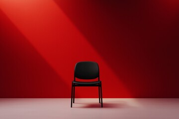 A minimalist black chair sits in the center of an empty room with red walls, creating a striking contrast that highlights its simplicity and elegance.