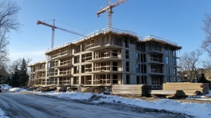 Urban construction site with scaffolding and snow-covered ground