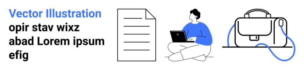 Person working on a laptop, document sheet, and a blue bag. Ideal for remote work, freelancing, student projects, business presentations, educational content, startups, and office websites. Landing