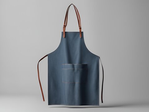 A sleek, dark blue apron with brown leather straps hangs against a neutral gray background. The apron features a large front pocket and adjustable neck and waist ties mock up.