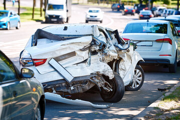 Parked car with fatal damage and totaled frame after rear-end collision, aftermath of devastating...