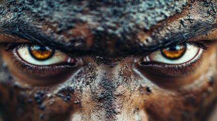 Naklejka premium Intense Closeup Of Angry Eyes And Mud Covered Face