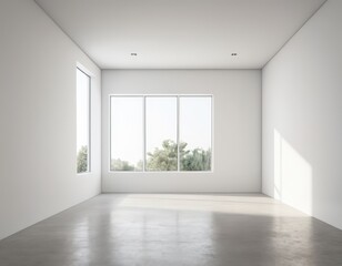 Obraz premium Sunlight fills a bright white room with a large window showcasing a serene view of trees. Ideal for interior design concepts.