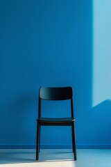 A minimalist black chair sits in the center of an empty room with blue walls, creating a striking contrast that highlights its simplicity and elegance.