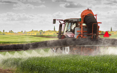 Tractor spraying pesticides wheat field.