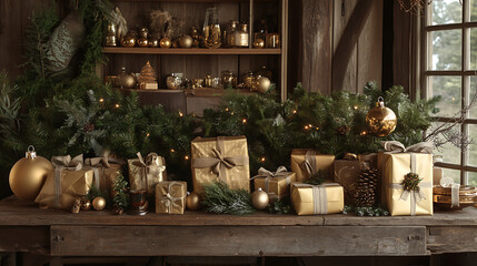 Rustic holiday display with golden gifts and natural greenery
