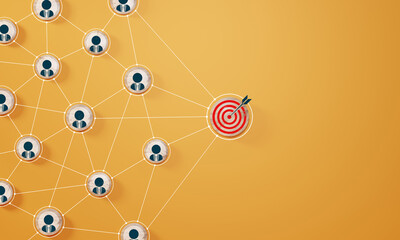 Red dartboard and red arrow connection linkage with human icon for customer focus target group and...