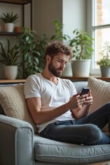 Obraz premium Man browsing smartphone on couch, indoor plants, digital lifestyle