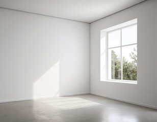 Obraz premium Sunlight fills a bright white room with a large window showcasing a serene view of trees. Ideal for interior design concepts.