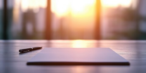 A serene sunrise scene featuring a blank piece of paper and a pen resting on a wooden table, symbolizing new beginnings and creativity in a tranquil setting.