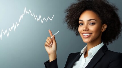 Businesswoman points to declining chart, analyzing financial loss, market decrease and business trend