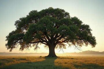Majestic oak tree in golden field at sunrise, natural grandeur