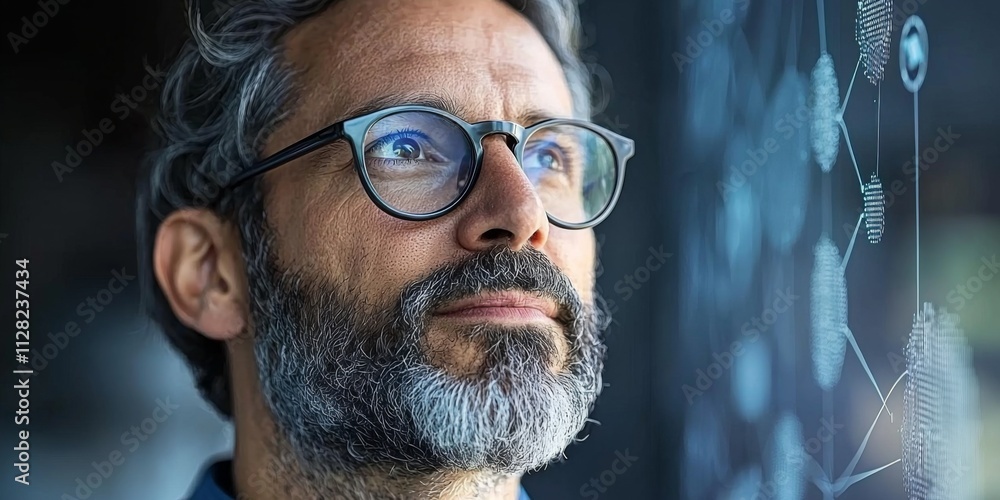 Poster fintech strategy thoughtful man analyzing predictive analytics data