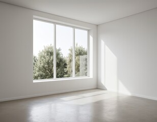 Sunlight fills a bright white room with a large window showcasing a serene view of trees. Ideal for interior design concepts.