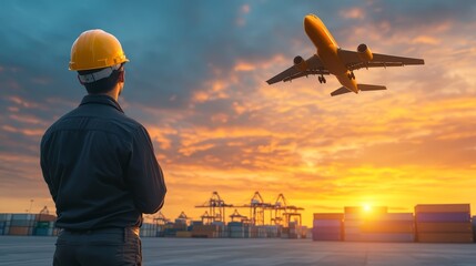 Preflight inspection, man in hard hat ensures airplane safety and operational efficiency
