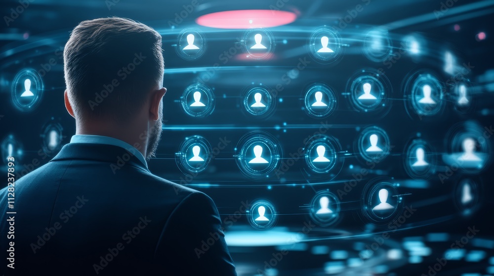 Poster man in suit navigates futuristic interface, glimpse into technological innovation and business trans
