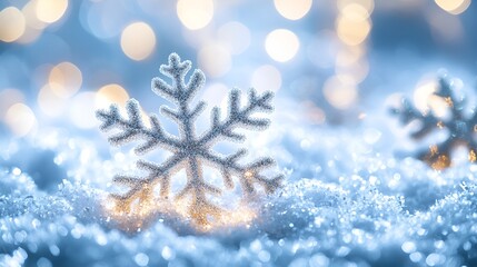 Sparkling Snowflake Rests on Glittering Snow, Illuminated by Soft, Festive Lights blurred background
