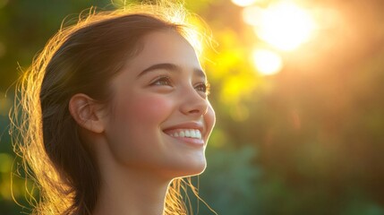 Fototapeta premium Young Woman Smiling Joyfully In Golden Sunlight