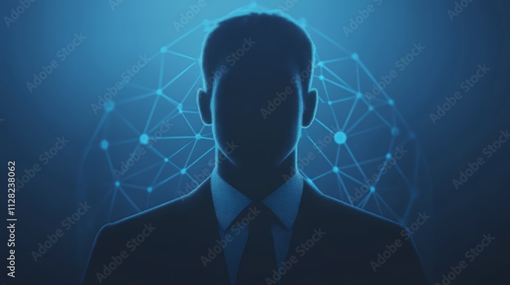 Aufkleber man in suit and tie with an intricate network overlaid on his head, visual representation of busines