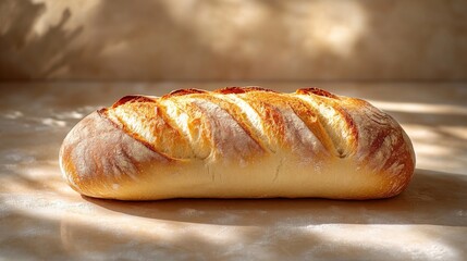 A photorealistic baguette of bread on the table on a beige background