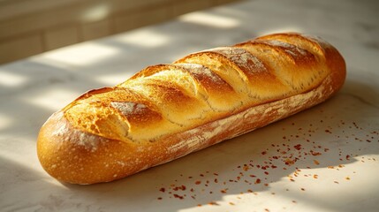 A photorealistic baguette of bread on the table on a beige background