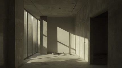 An empty room with unfinished cement walls and a simple appearance, with tools scattered on the floor, creating a raw and industrial atmosphere.