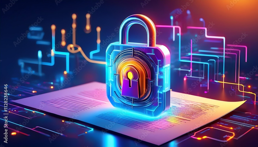 Poster a glowing digital padlock rests on a circuit-patterned surface, symbolizing cybersecurity and data p