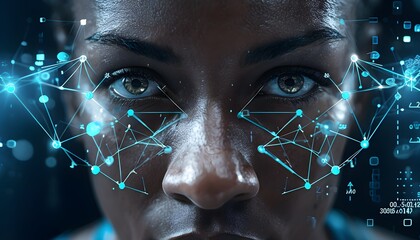 Close up of a focused athlete face with data overlay and neural network nodes around the eyes, representing AI-enhanced vision and performance