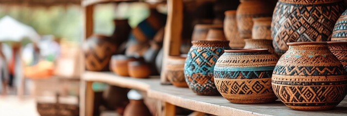 Close-Up of Traditional Handmade Pots and Baskets from the Amazonian Community in Outdoor Market AI generated illustration