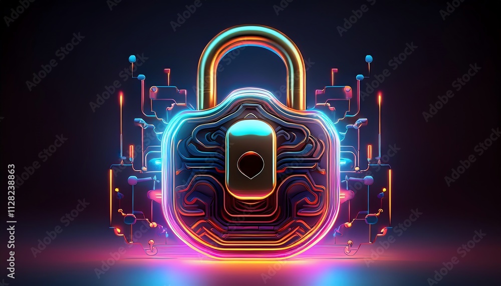 Poster a vibrant digital padlock surrounded by glowing circuit patterns, symbolizing cybersecurity and data