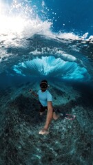 Fototapeta premium Man with mask dives under the breaking ocean wave