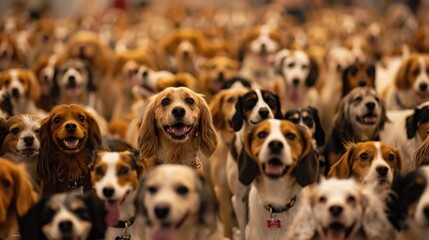 A defocused view of a sea of wagging tails and barking canines all under the bright lights of the show.