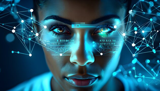 Close up of a focused athlete face with data overlay and neural network nodes around the eyes, representing AI-enhanced vision and performance
